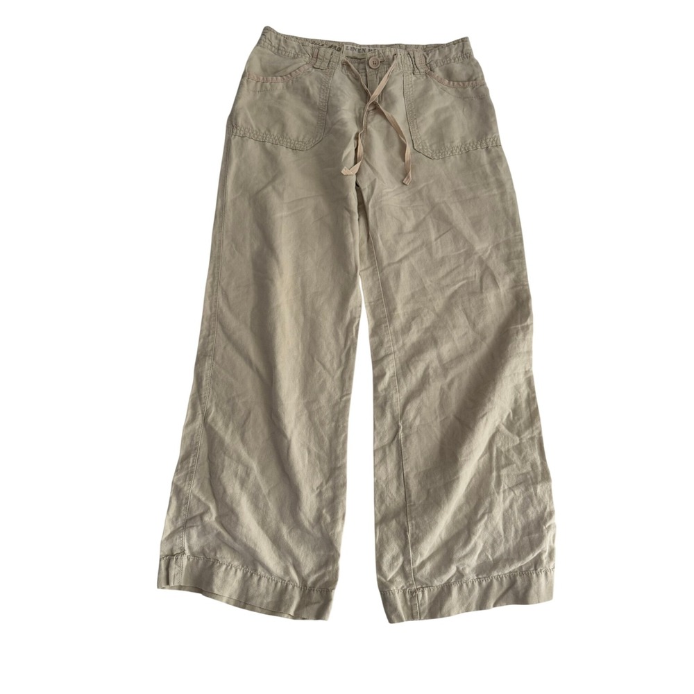 New Look Linen Blend Wide Leg Trousers Khaki Beige Drawstring Pants Size 6